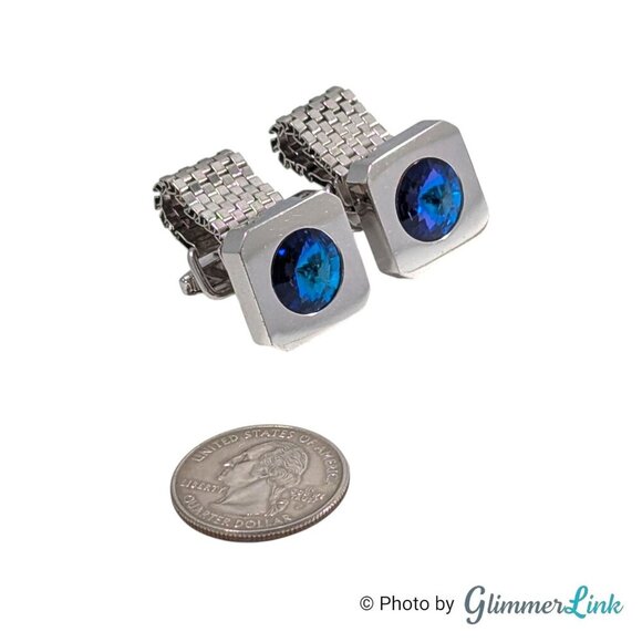 Vintage Foster Blue Rivoli MCM Silver Tone Cufflinks with Detachable Mesh Wrap - Picture 5 of 11